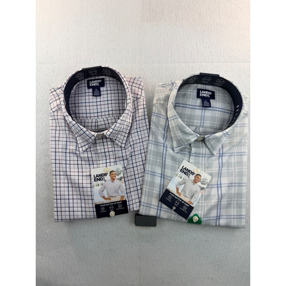 Lot of 2 Lands End Mens Plaid Button Up Shirt Gray White Purple Stretch XL NEW